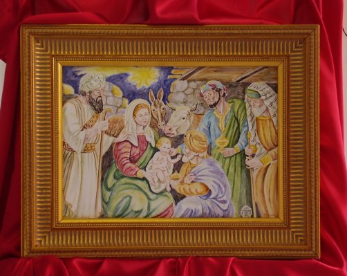 Ceramiche d-Arte di Albisola - Piastra in maiolica policroma,
rappresentante la Sacra Famiglia e i tre Magi. Completa di cornice in foglia d'oro.